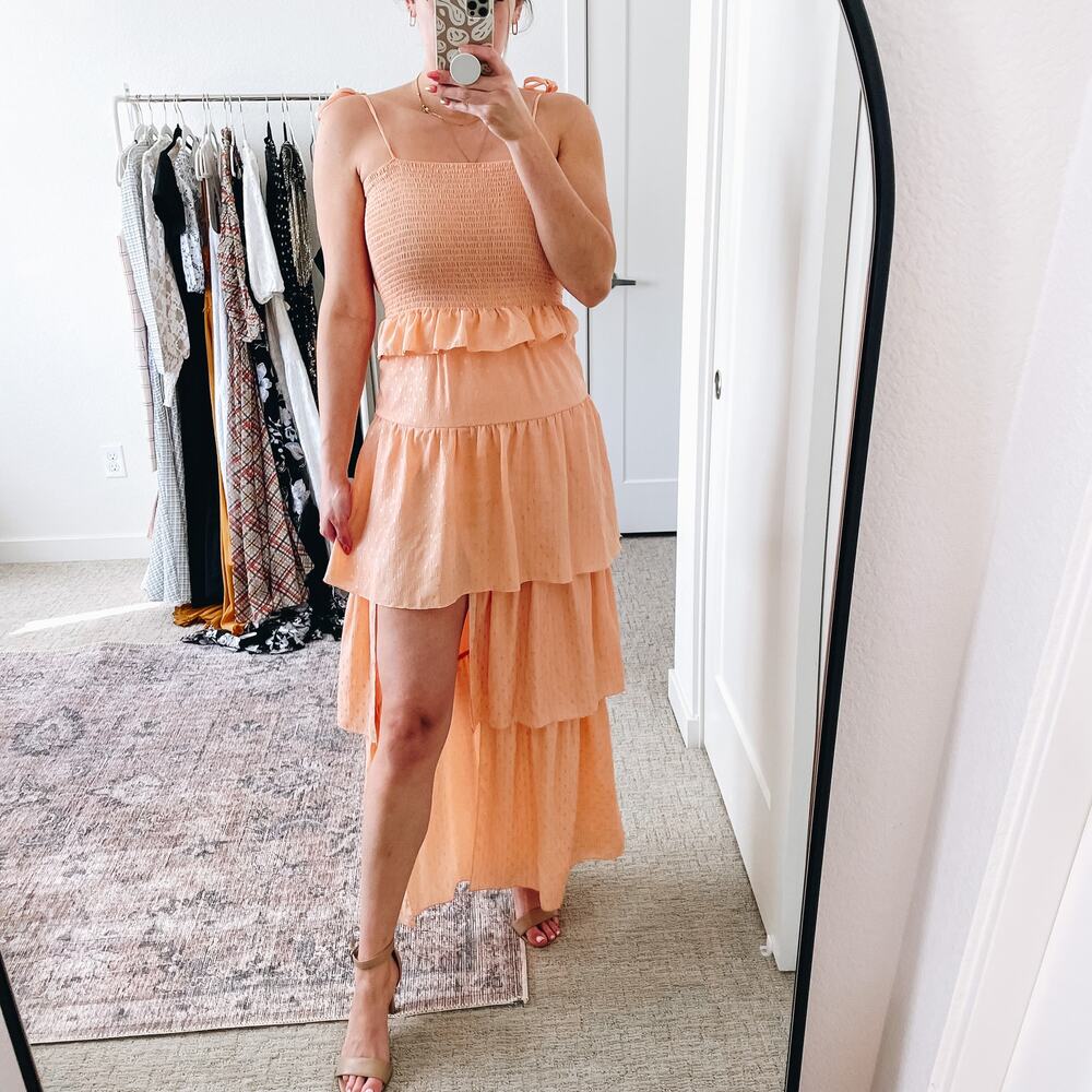 Amanda Uprichard Coral Pink Tiered Midi Dress GUX XS